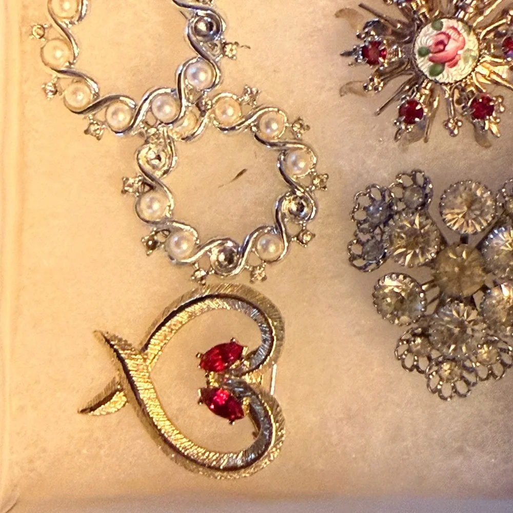 Vintage Elegant Silver and Red Brooch Set